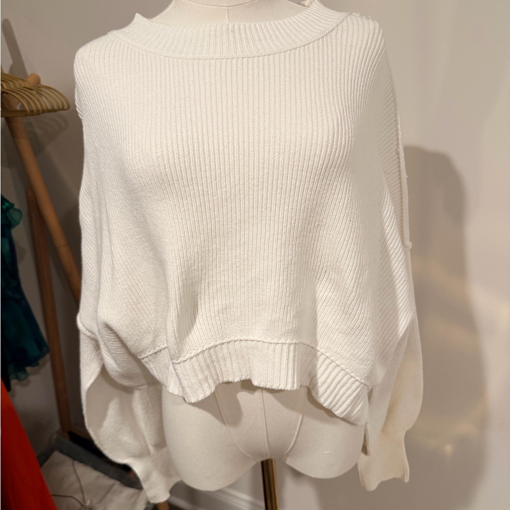 Free People Cream Ribbed Crewneck Sweater